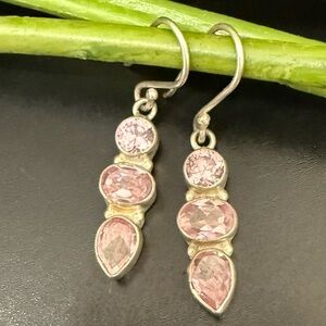 Handcrafted 925 Sterling Silver Pink Gemstone Crystal Triple Drop Earrings 4.7g.